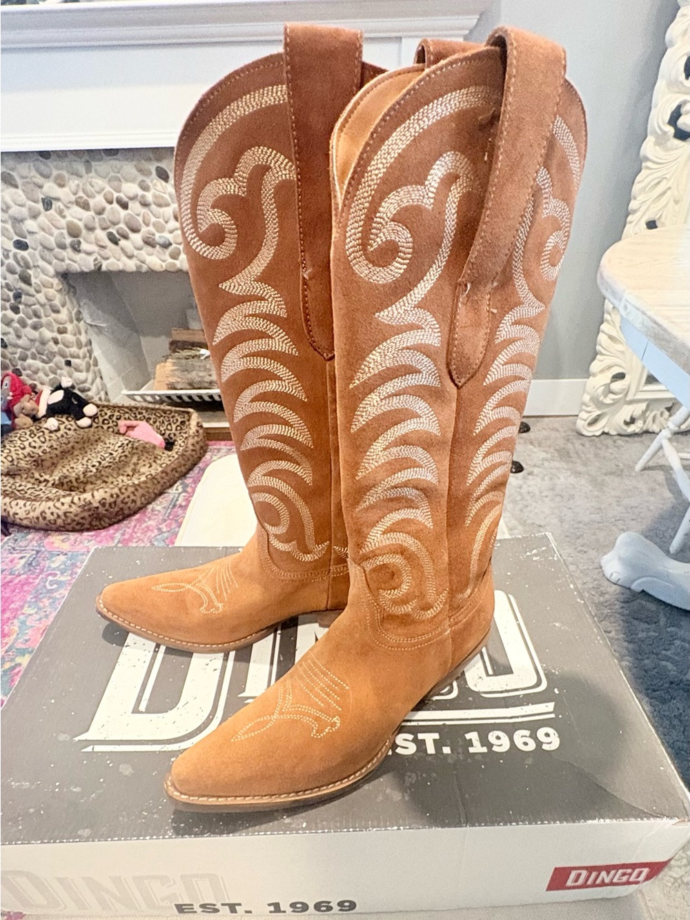 Dingo Tan Suede Embroidered Western Boots. $165